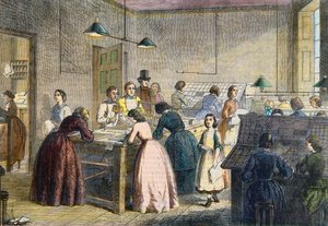 Mujeres compositoras en la oficina de impresión de la Victoria Press, Great Coram Street, Londres, en 1860 de English School